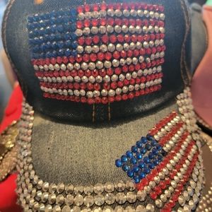 New Blue Jean Rhinestone red white and blue adjustable baseball cap